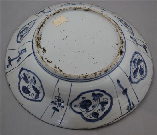 A Chinese Kraak large blue and white dish, c.1640, 35.5cm, two rim cracks